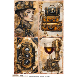 Papier ryżowy A4 - Scraplove - Steampunk Travel Journal 3 kobieta walizki aparat wino