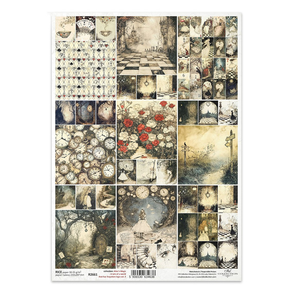 Papier ryżowy do decoupage A4 - Alicja w Krainie Czarów, zegary, biały królik, róże, las, motyle, karty do gry - R2661 - Itd Collection