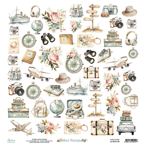 Papier z emementami do scrapbookingu 30x30 - Mintay - Bon Voyage