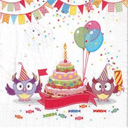 Serwetka 33x33cm - Funny Owls with B-day Cake