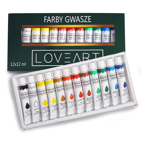 Farby gwasze Loveart 12x12ml, blok do farb, zestaw pędzli