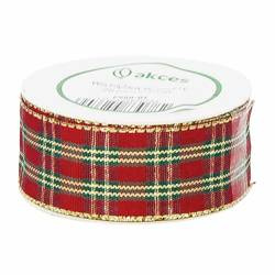 Wstążka w kratkę czerwono - żółto - zielona z brokatem 25mm - 10mb