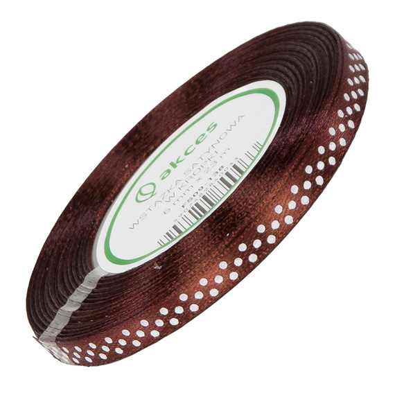  Wstążka satynowa w kropki 6 mm - brązowa 138 - 23 m - dekoracyjna tasiemka