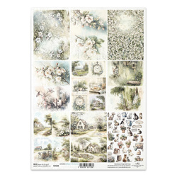 Papier ryżowy do decoupage A4 - sielski krajobraz, pola, łąki, psy, koty, chatki - R2588 - Itd Collection