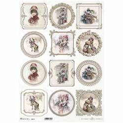 Papier ryżowy do decoupage A3 ITD-957L vintage ramki, postacie, zimowa sceneria