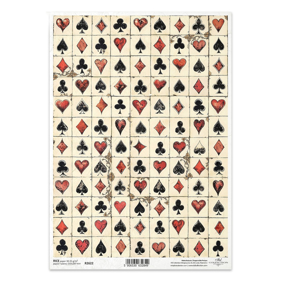 Papier ryżowy do decoupage A4 - karo, pik, trefl, kier, symbole kart - R2622 - Itd Collection
