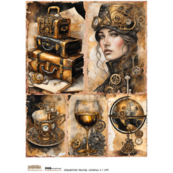 Papier ryżowy A4 - Scraplove - Steampunk Travel Journal 9 walizki kobieta filiżanka wino globus