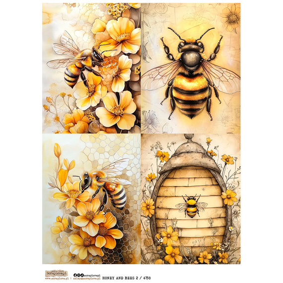 Papier ryżowy A4 - Scraplove - Honey and Bees 2 kwiaty i pszczoły