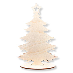 Drewniana choinka świąteczna z gwiazdą stojąca z podstawką