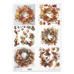 Papier ryżowy do decoupage A3 - wianki z liści jarzębina kasztany - R1332L - Itd Collection