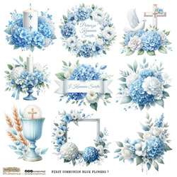 Naklejki papierowe - ScrapLove - First Communion Flowers Blue 1 Komunia kielich świeca