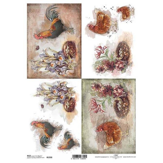 Papier ryżowy do decoupage ITD-R1350 - A4 kury koguty kwiaty