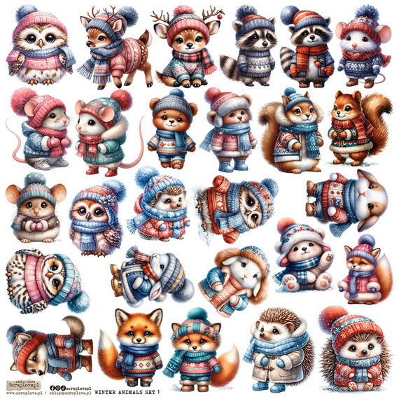 Naklejki papierowe - ScrapLove - Winter Animals Set 1 zwierzątka w zimowych ubrankach