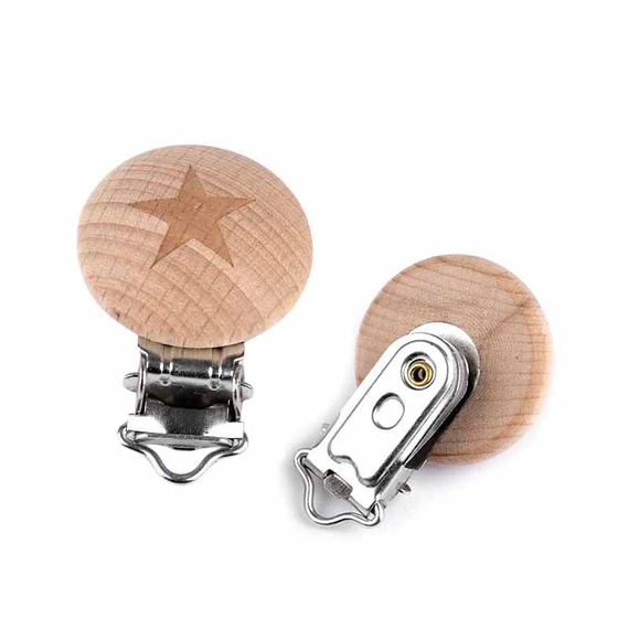 Klips metalowy z drewnianą ozdobą zawieszka do smoczka 13mm - gwiazda