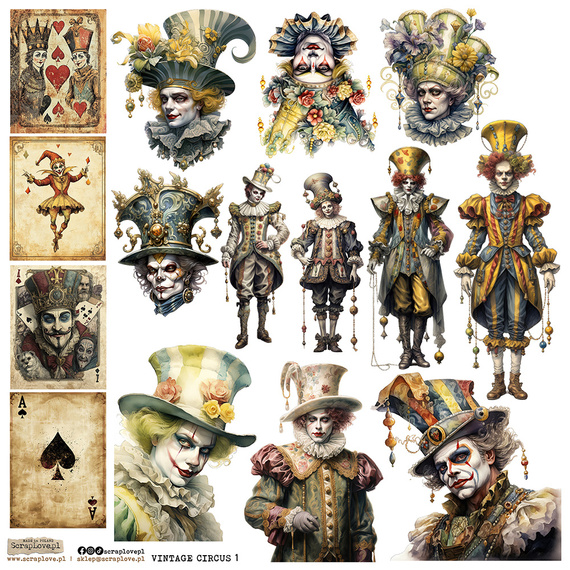 Naklejki papierowe - ScrapLove - Vintage Circus 1 cyrk klaun karty