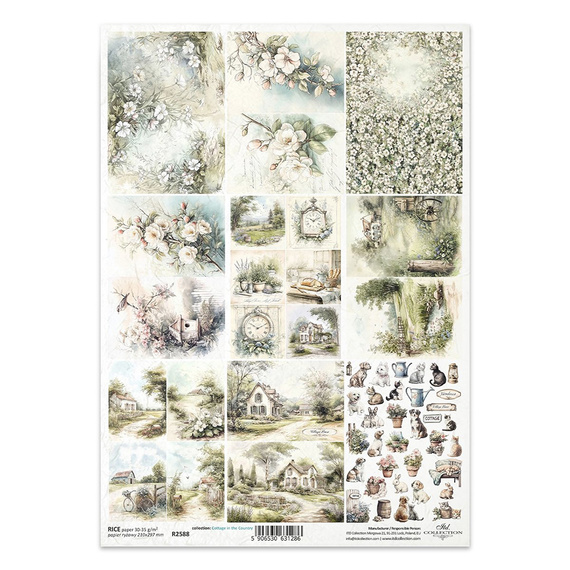 Papier ryżowy do decoupage A4 - sielski krajobraz, pola, łąki, psy, koty, chatki - R2588 - Itd Collection