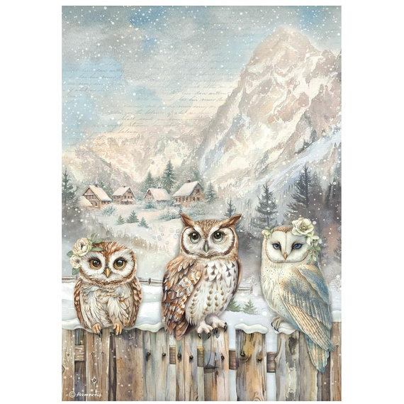 Papier ryżowy do decoupage A4 - The Owl's House - 3 sowy - Stamperia