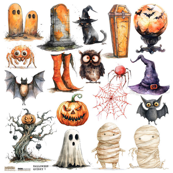 Naklejki papierowe - ScrapLove - Halloween Quirky 1 trumna duch pająk mumia 