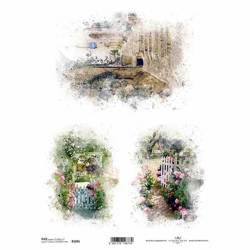 Papier ryżowy do decoupage ITD-R1601 - A4 - Ogrodowe furtki