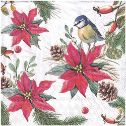 Serwetka 33x33cm - Bird on Poinsettia White poinsecja