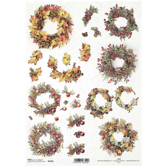 Papier ryżowy do decoupage A4 ITD-R2296 wieńce jesienne wianki 3D
