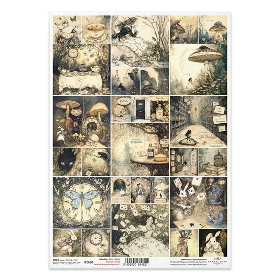 Papier ryżowy do decoupage A4 - Alicja w Krainie Czarów, biały królik, Kapelusznik, Królowa Kier, zegary - R2660 - Itd Collection