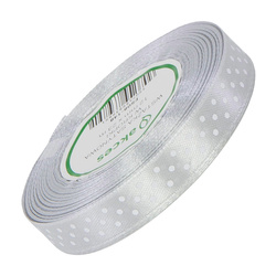 Wstążka satynowa w kropki 12 mm - srebrna 148 - 23 m - dekoracyjna tasiemka