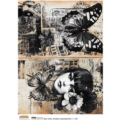 Papier ryżowy A4 - Scraplove - B&W Junk Journal Background 5 motyl twarz kobiety
