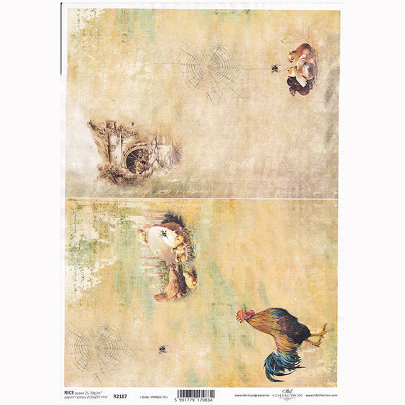Papier ryżowy do decoupage A4 ITD-R2187 wiejskie widoczki, koguty, kury, stary młyn