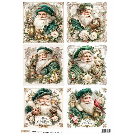 Papier ryżowy A4 - Scraplove - Green Santa 1 - Zielony Mikołaj