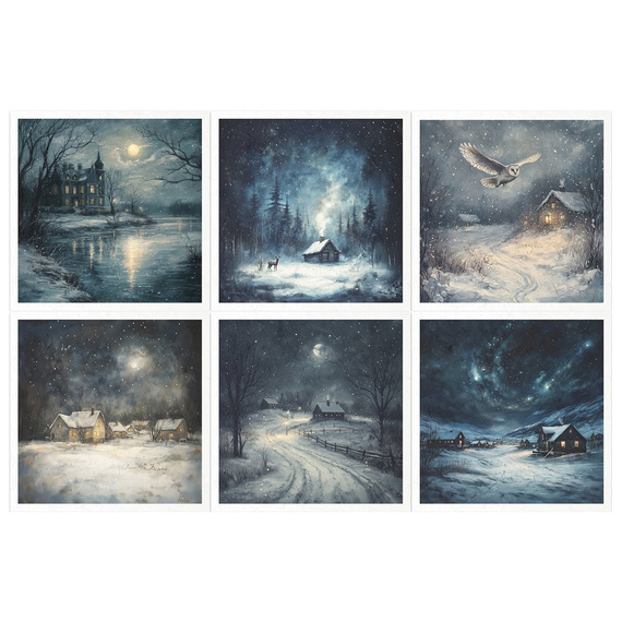 Zestaw papierów ryżowych - krajobraz nocą, zima, sowa, domek, gwiazdy - RSM179 - Itd Collection