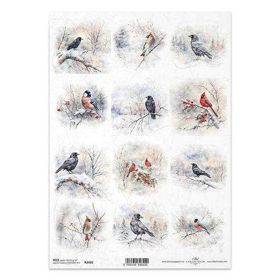 Papier ryżowy do decoupage A4 ITD-R2490 ptaki, kruki, wrony, kardynał, gil