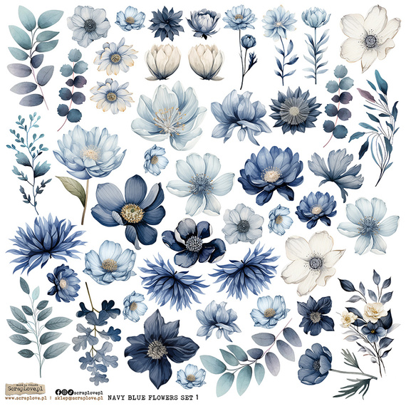 Naklejki papierowe - ScrapLove - Navy Blue Flowers set 1 niebieskie kwiaty