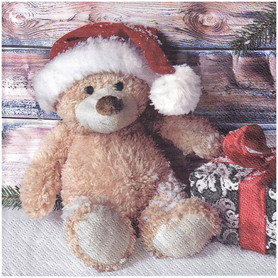 Serwetka 33x33cm - Christmas Teddy with Present miś z prezentem