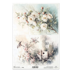Papier ryżowy do decoupage A4 - kwiaty ptak na gałązce - R2586- Itd Collection