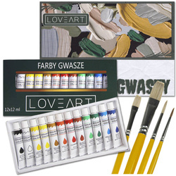 Farby gwasze Loveart 12x12ml, blok do farb, zestaw pędzli