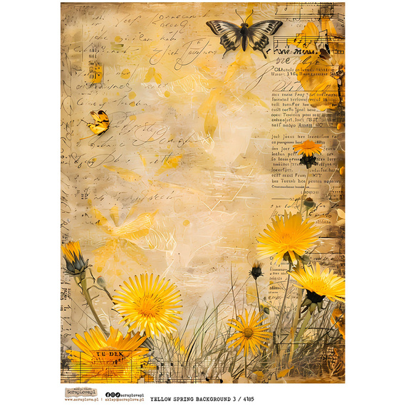 Papier ryżowy A4 - Scraplove - Yellow Spring Background 3 kwiaty mlecze motyle