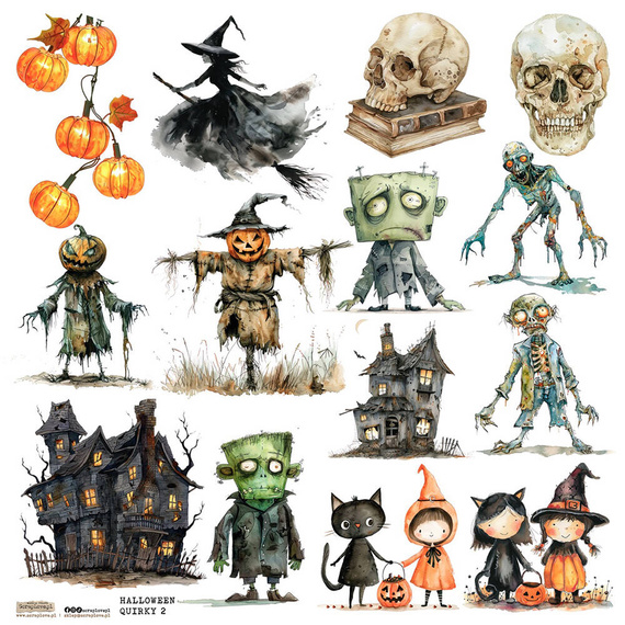 Naklejki papierowe - ScrapLove - Halloween Quirky 2 dynie czarownica czaszka zombie