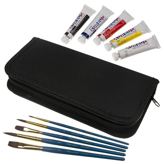 Zestaw malarski podróżny w etui - Phoenix - farby akwarelowe 5x12 ml, 5 pędzli