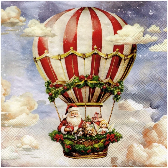 Serwetka 33x33cm - Santa's air balloon Święty Mikołaj w balonie