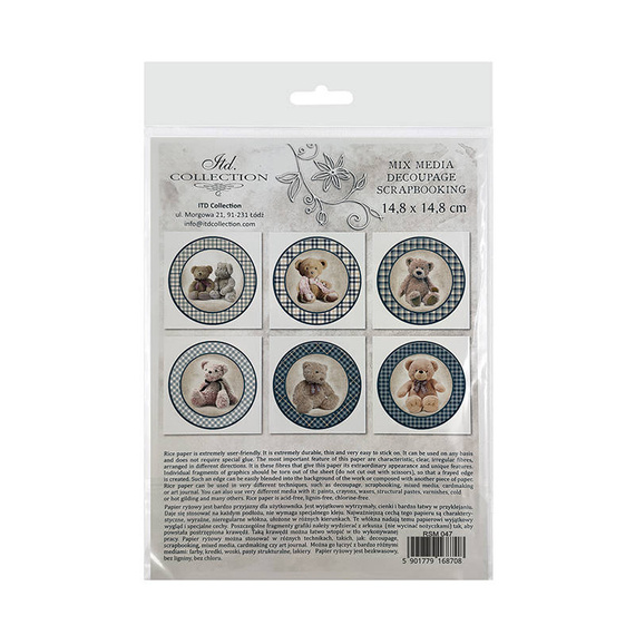 Zestaw papierów ryżowych - ITD - RSM047 niebieskie kratki, misie, maskotki, zabawki