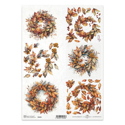 Papier ryżowy do decoupage A4 - jesienne wianki 3D z liści i jarzębiny - R2494 - Itd Collection