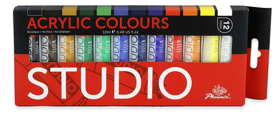 Zestaw malarski - farby akrylowe Phoenix 12x12 ml, pędzle, paletka, blok