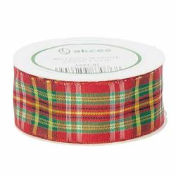 Wstążka w kratkę czerwono - żółto - zielona 25mm - 10mb