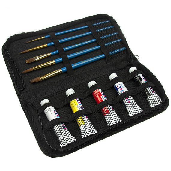 Zestaw malarski podróżny w etui - Phoenix - farby akwarelowe 5x12 ml, 5 pędzli