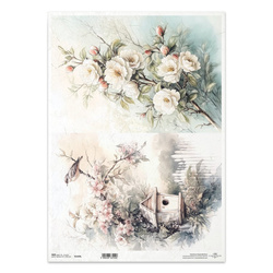 Papier ryżowy do decoupage A3 - kwiaty ptak budka dla ptaków - R1425L - Itd Collection