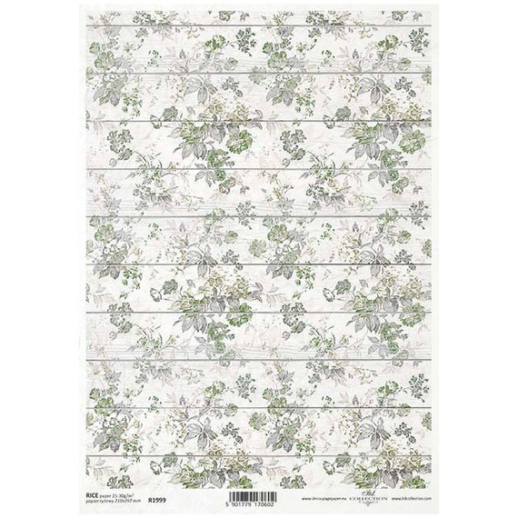 Papier ryżowy do decoupage A4 ITD-R1999 kwiatki w odcieniach zieleni na deskach