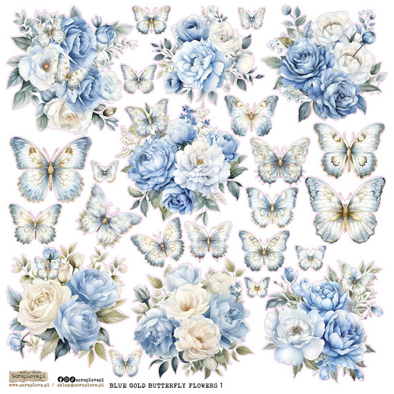 Naklejki papierowe - ScrapLove - Blue Gold Butterfly Flowers 1 motyle kwiaty