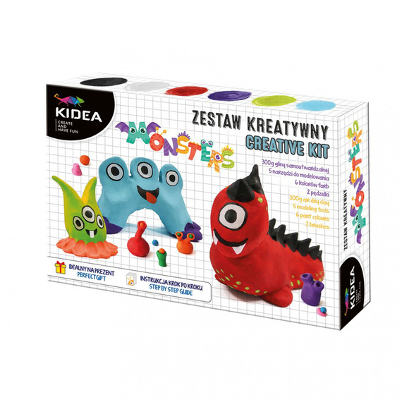 Zestaw kreatywny z gliną samoutwardzalną - potworki - farbki, narzędzia, pędzelki