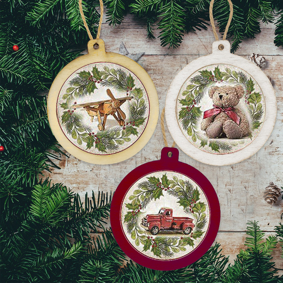 Zestaw świąteczny do decoupage świąteczny - bombki z zabawkami w zimowych wiankach